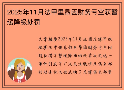 2025年11月法甲里昂因财务亏空获暂缓降级处罚
