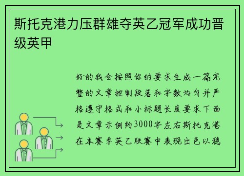 斯托克港力压群雄夺英乙冠军成功晋级英甲