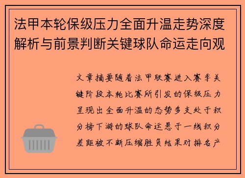 法甲本轮保级压力全面升温走势深度解析与前景判断关键球队命运走向观察